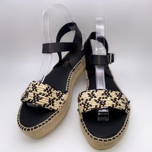Woven Straw Espadrille Platform Sandals - Black & Natural